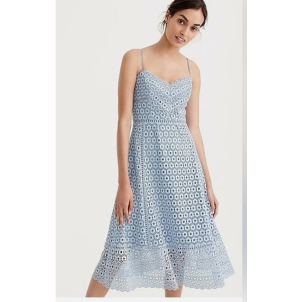 J. CREW Daisy Lace Eyelet Midi Cocktail Dress Blue V-Neck Sleeveless 12